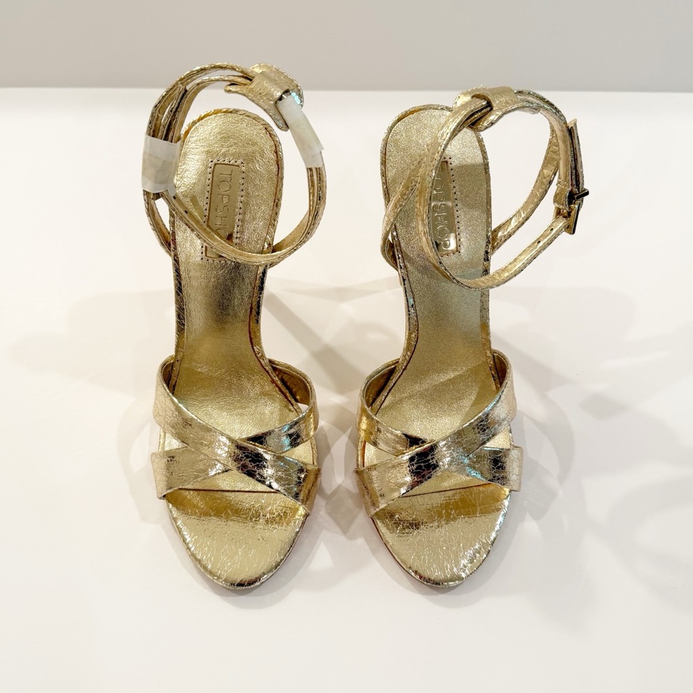 NWT! Topshop ‘Rumour’ Metallic Gold Cross-Strap Heels - Picture 5 of 13